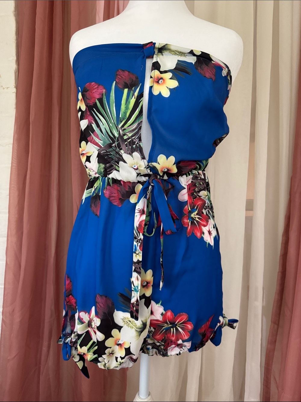 Blue Floral Strapless Romper